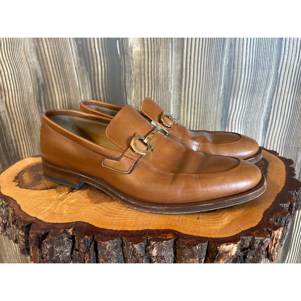 Ferragamo Mens Loafers Size 7 EE Tan Leather Gancini Bit Horse Gold Tone Buttery